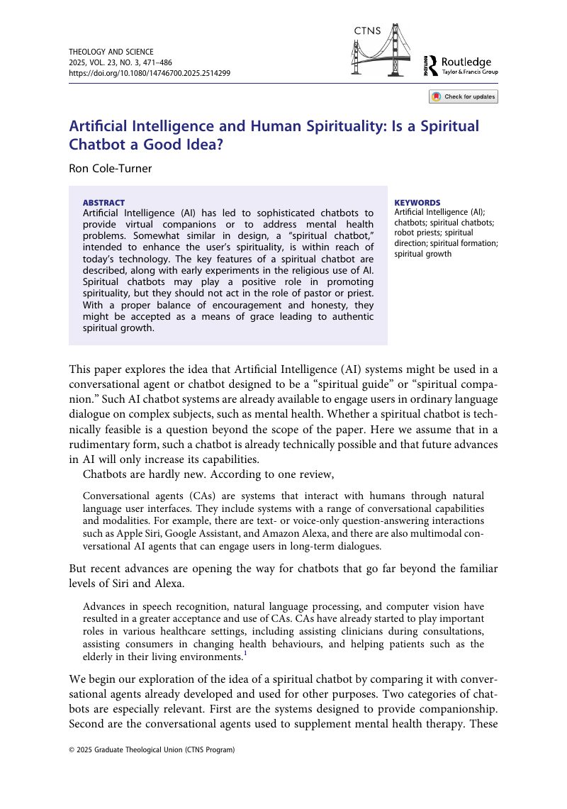 Artificial Intelligence and Human Spirituality: Is a Spiritual Chatbot a Good Idea?