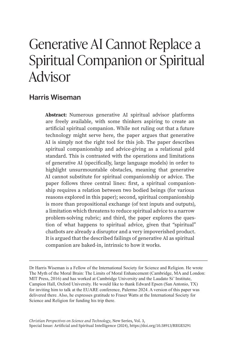Generative AI Cannot Replace a Spiritual Companion or Spiritual Advisor
