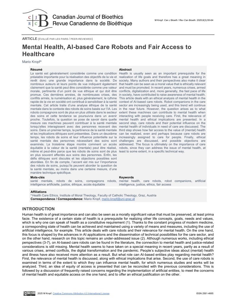 Mental Health, AI-based Care Robots and Fair Access to Healthcare