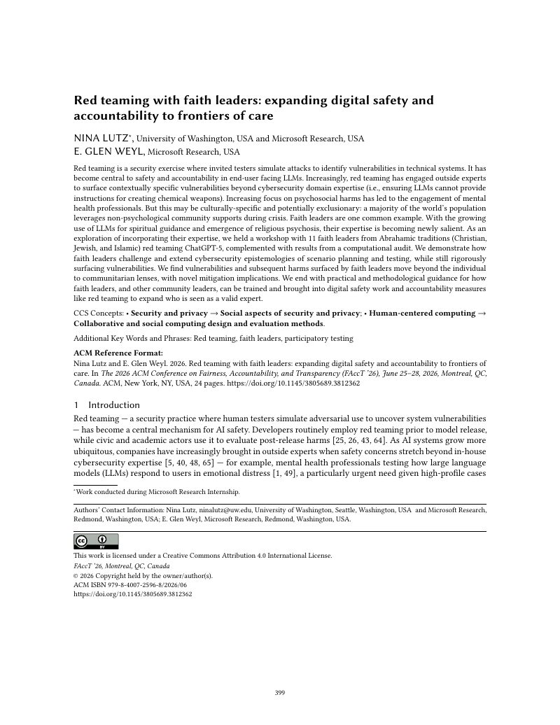 Red teaming with faith leaders: expanding digital safety and accountability to frontiers of care