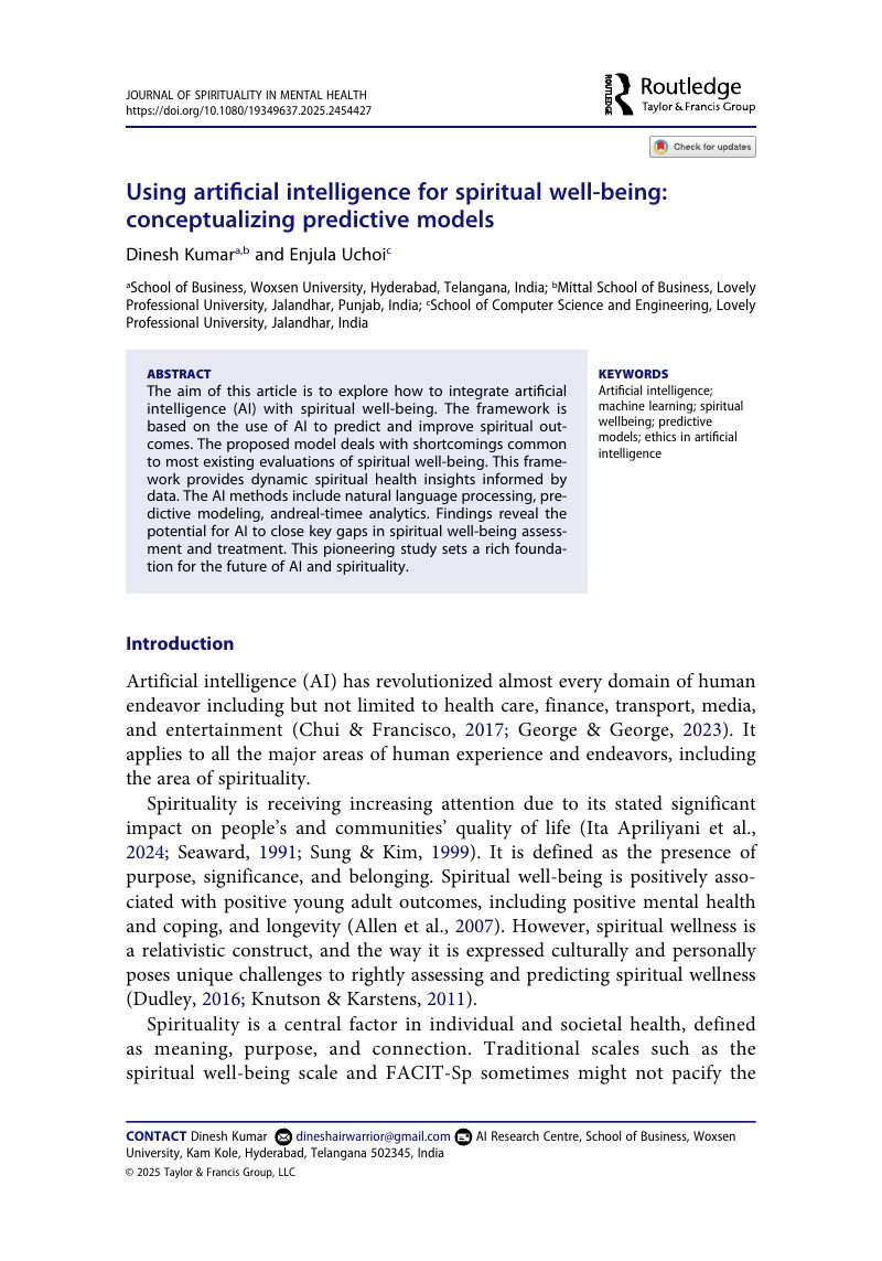 Using artificial intelligence for spiritual well-being: conceptualizing predictive models