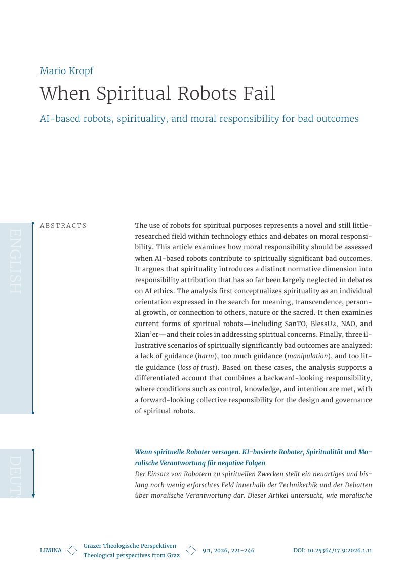 When Spiritual Robots Fail: AI-based robots, spirituality, and moral responsibility for bad outcomes